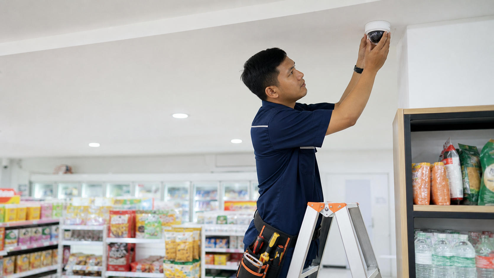 Teknisi Asia memasang CCTV di toko