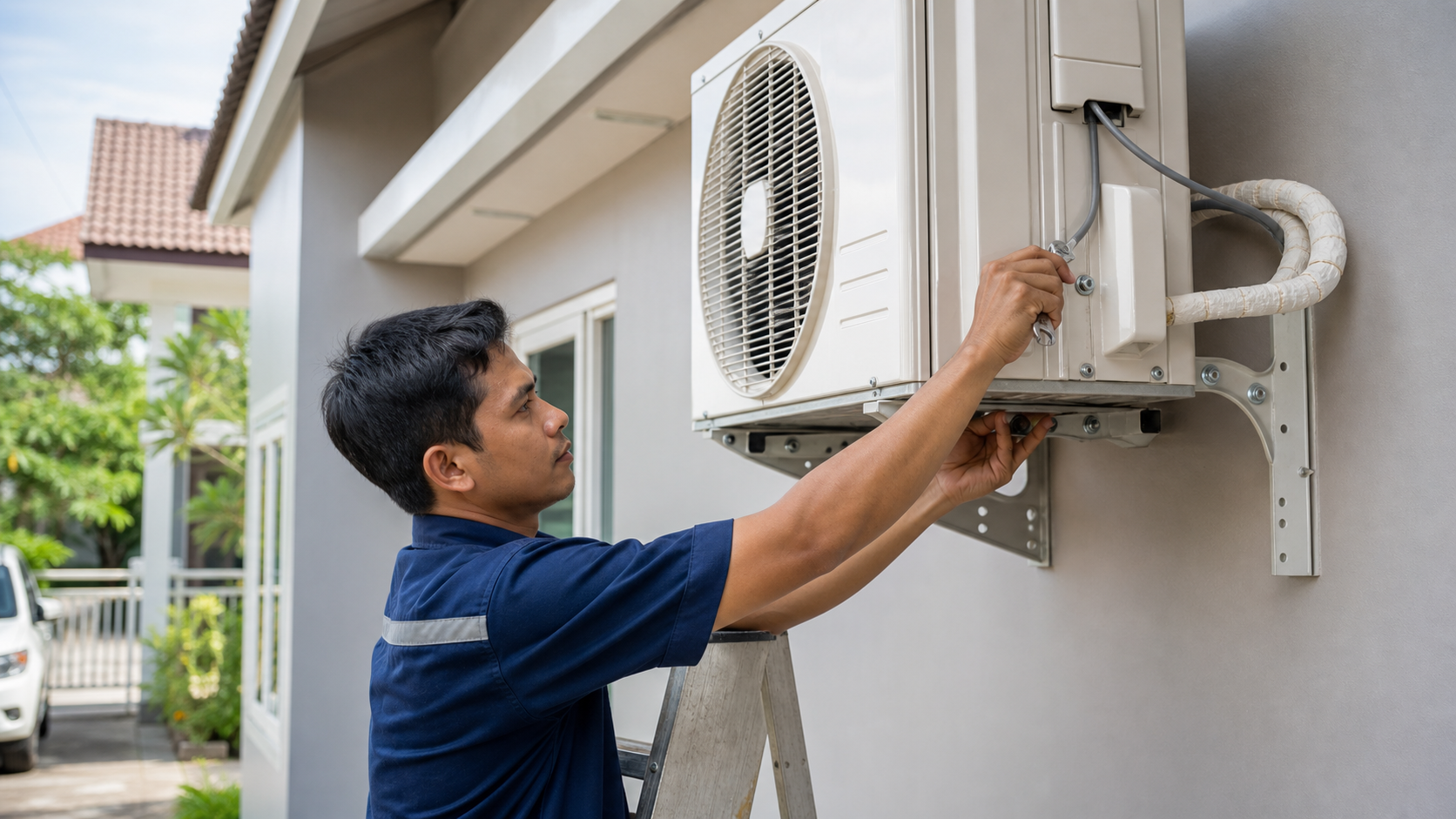 Teknisi Asia memasang outdoor AC di rumah